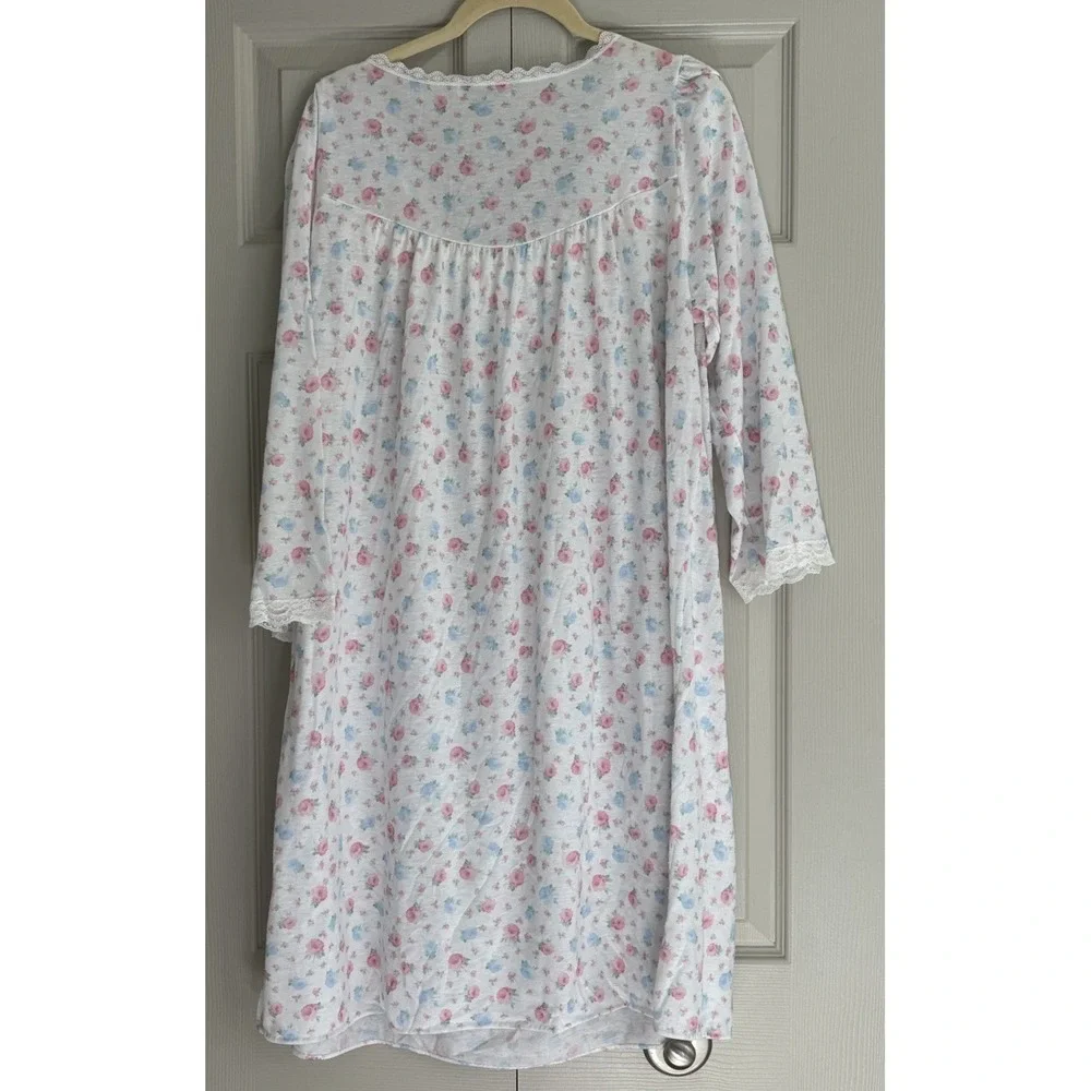 Vintage Miss‎ Elaine Nightgown Floral Lace Cotton Balloon Sleeve Large Flawed